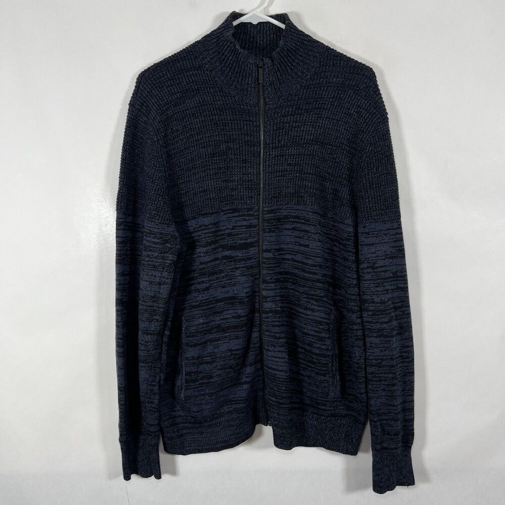 Kenneth Cole Full Zip Cardigan Sweater Mens Large Navy Heathered Chunky Knit